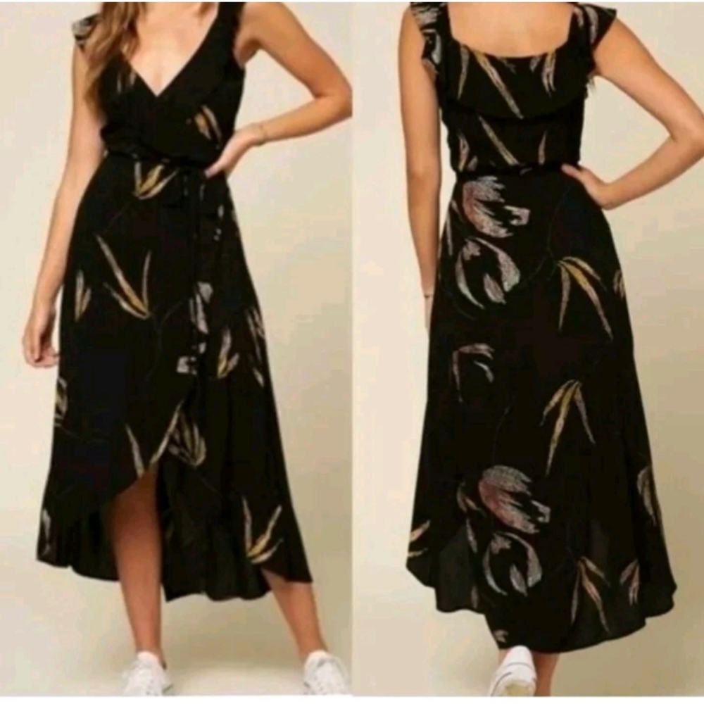 O'NEILL ALANA WRAP DRESS WOMEN SZ S BLACK FLORAL PRINT TIE CLOSURE V NECK HI-LOW